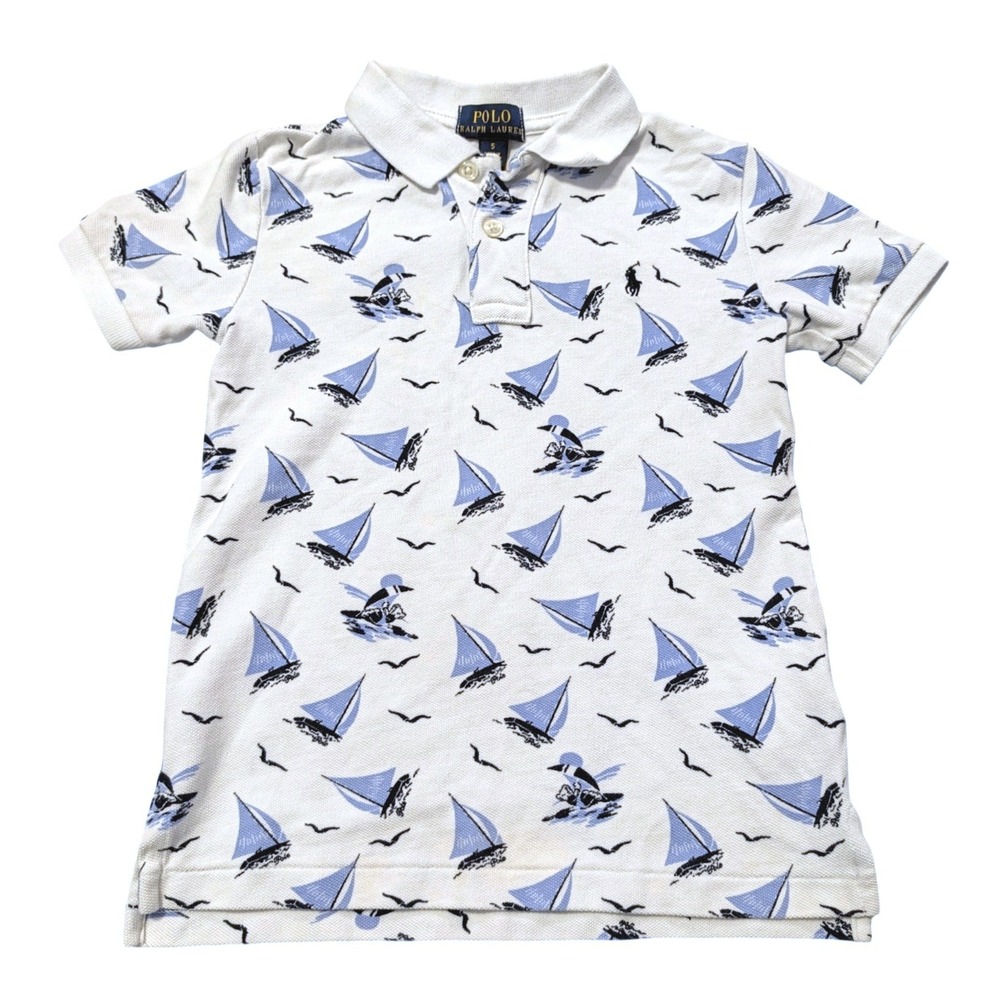 Polo Ralph Lauren Kids White Blue Nautical Sailboat Print Polo Shirt Size 5